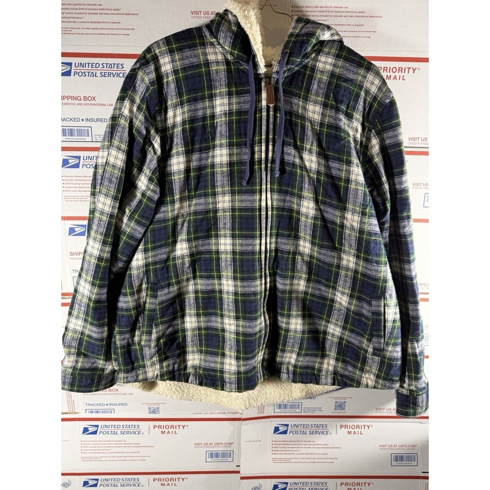 L.L. Bean‎ Scotch Plaid Flannel Hoodie Womens XL Sherpa Fleece Lined Zip Shirt